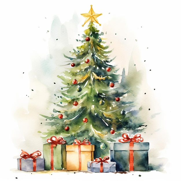 illustratie van aquarel een kerstboom met cadeau achtergrond