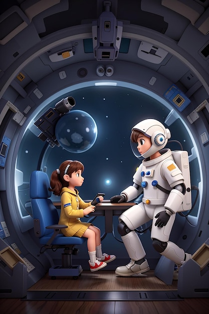 Illustratie van astronaut meisje en robot in het ruimteschip