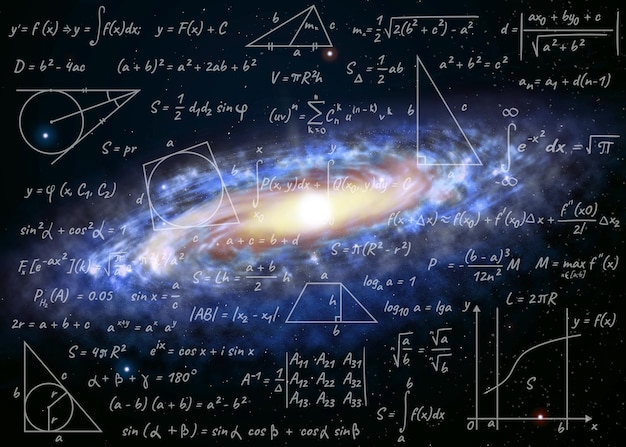Illustratie van basisfysica en wiskundige formules en sterrenstelsel in het universum