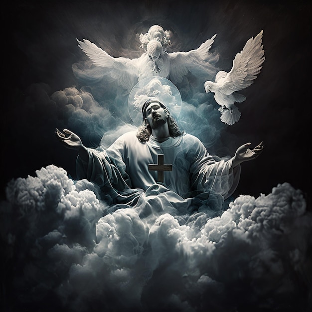 illustratie van biddende Jezus omringd door duiven op een wolk generatieve ai