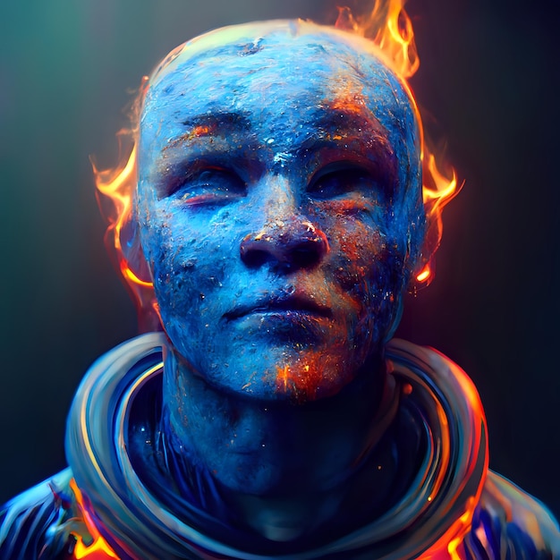 Illustratie van blauwe man gewikkeld in vlammen