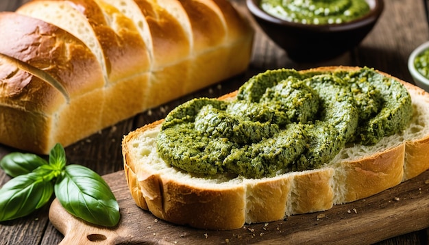 Illustratie van brood met pesto selectieve focus op een houten achtergrond