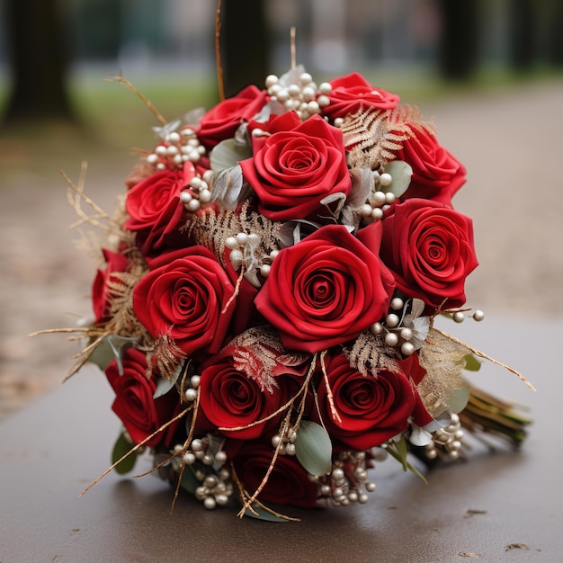 illustratie van bruidsboeket met echte natuurlijke rode rozen