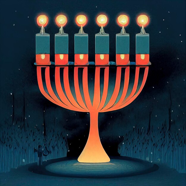 Foto illustratie van chanoeka joodse feestdag met menora jodendom kandelaar brandende kaarsen gloeiende chanoeka-kaarsen