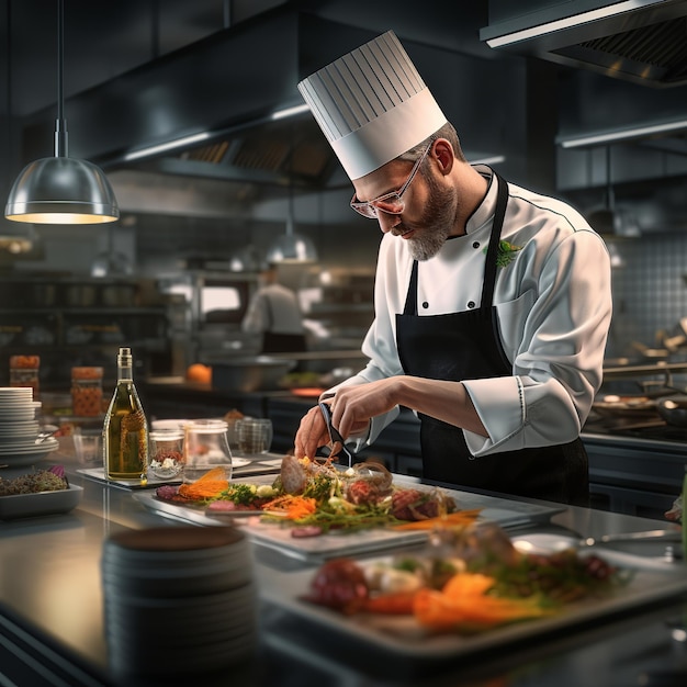 illustratie van chef-kok die voedsel bereidt in een grote professionele keuken