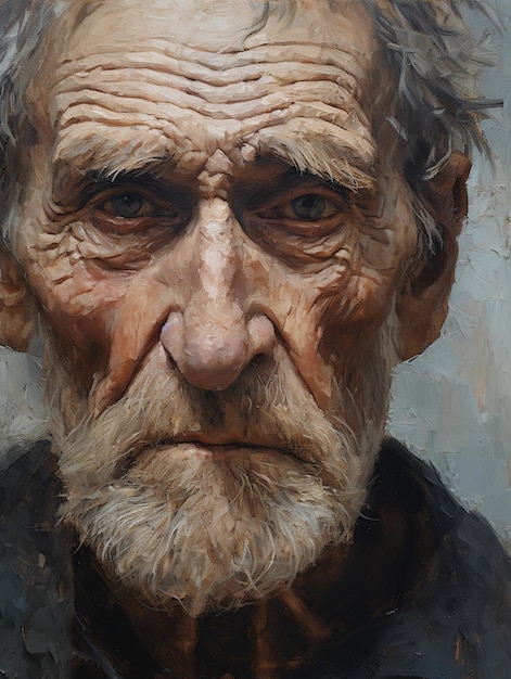 illustratie van close-up gezicht van oude man impasto detail