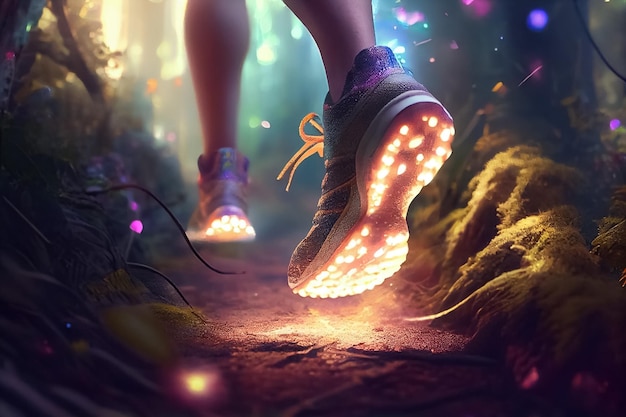 Illustratie van close-up sneakers op een hardloper met magische glans in park AI