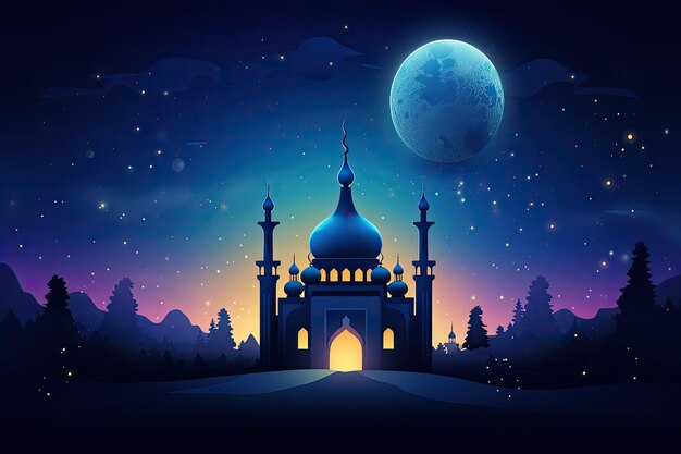 Illustratie van de achtergrond van Ramadan Kareem met moskee maan en sterren Ramadan Kareem achtergrond met moskee en halve maan Vector illustratie AI gegenereerd