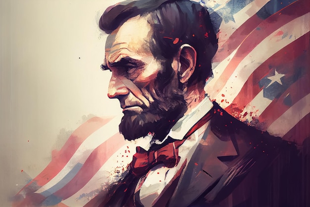 Illustratie van de Amerikaanse president Abraham Lincoln en de Amerikaanse vlag AI