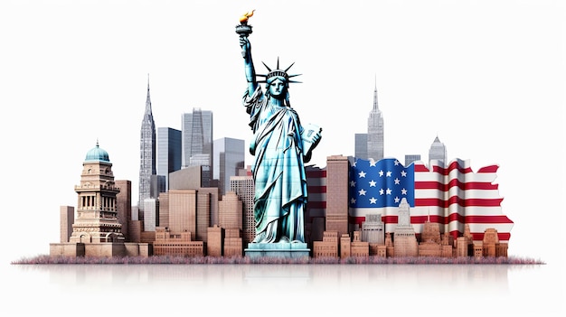 illustratie van de Amerikaanse vlag en oriëntatiepunten van de VS 3D geïsoleerd op wit