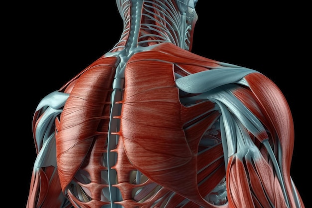 Illustratie van de anatomie van de achterste spieren in een mannelijk lichaam gemaakt met Generative AI-technologie