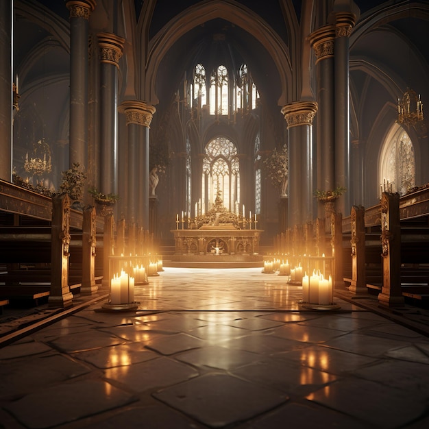 illustratie van de binnenkant van het kerkaltaar Kaarsen 3D studiolicht in glob lenen