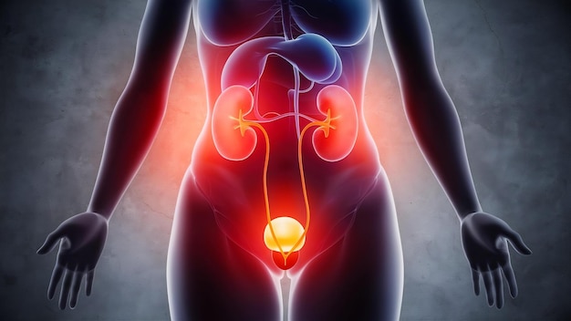 Illustratie van de blaas en de nieren op het lichaam van de vrouw op een grijze achtergrond nierfalen