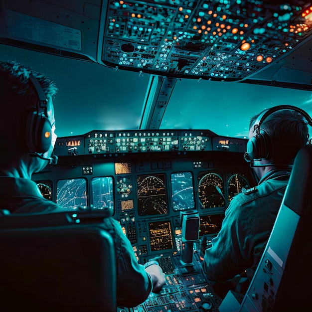 Illustratie van de cockpit van een commercieel vliegtuig waar de piloten de landingsinstrumenten kunnen zien manoeuvreren