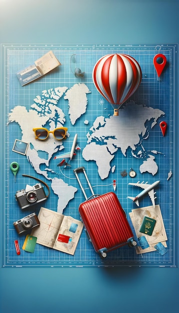 Illustratie van de essentiële reisvoorzieningen met wereldkaartcamera, luchtballonvliegtuig en bagage