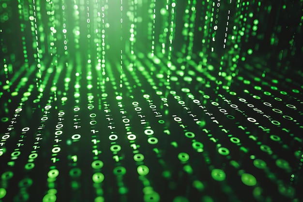 Illustratie van de filmische achtergrond van groene binaire code op zwarte binaire getallen die als digitale vallen