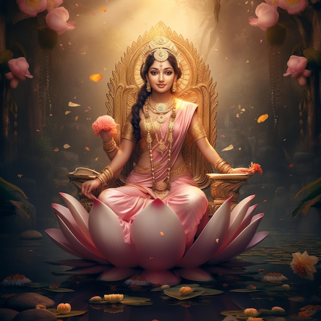 illustratie van de godin Lakshmi zittend op een gouden troon en holdi