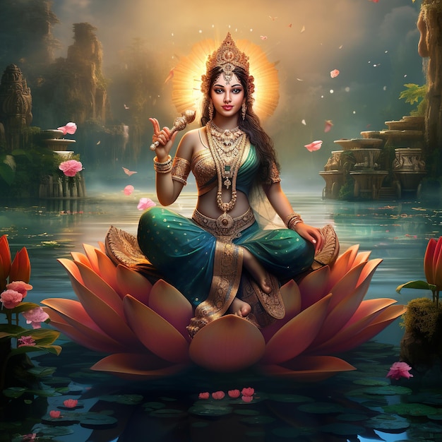 illustratie van de godin Lakshmi zittend op een gouden troon en holdi