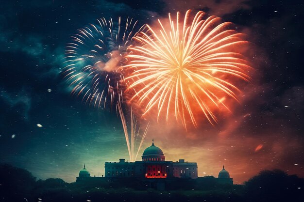 Illustratie van de grote vlag usa boven het Capitool en vuurwerk in de lucht onafhankelijkheidsdag 4 juli
