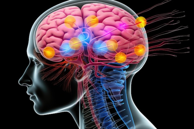 Illustratie van de hersenen met gemarkeerde neuromodulatiegebieden