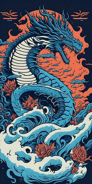 Illustratie van de Japanse draak JAPANESE OCEAN