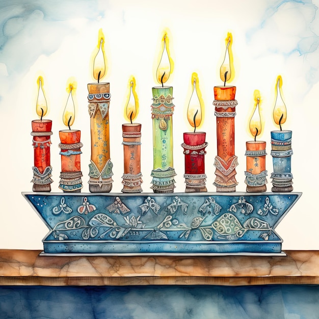 Illustratie van de Joodse feestdag Hanukkah met menorah traditionele kandelaren Aquarel