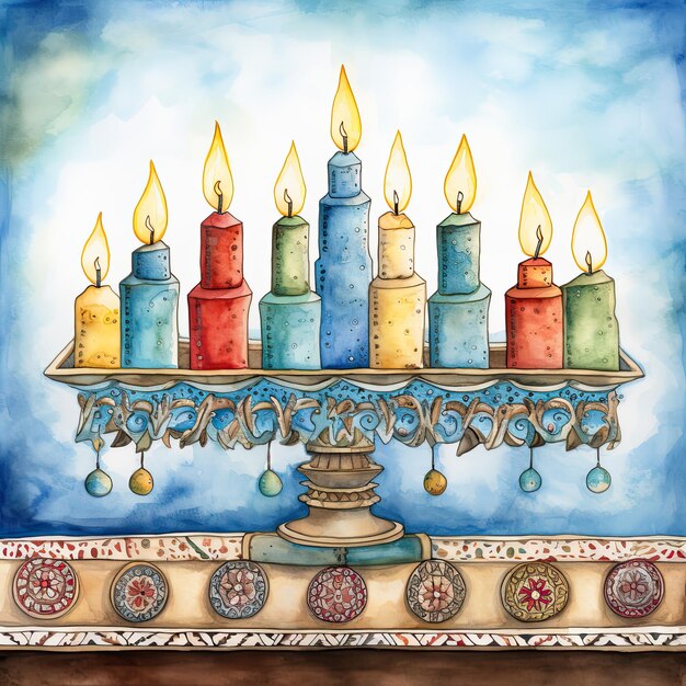 Illustratie van de Joodse feestdag Hanukkah met menorah traditionele kandelaren Aquarel