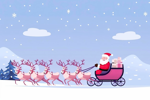 illustratie van de kerstman die op een hertenkar rijdt in sneeuwlicht met kopieerruimte