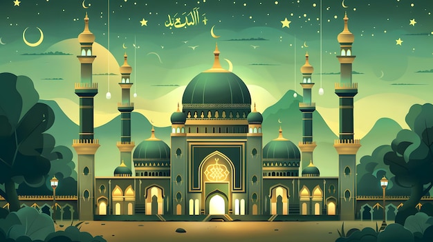 Illustratie van de moskee in onderkant groen en goud met een Arabisch thema lettertype