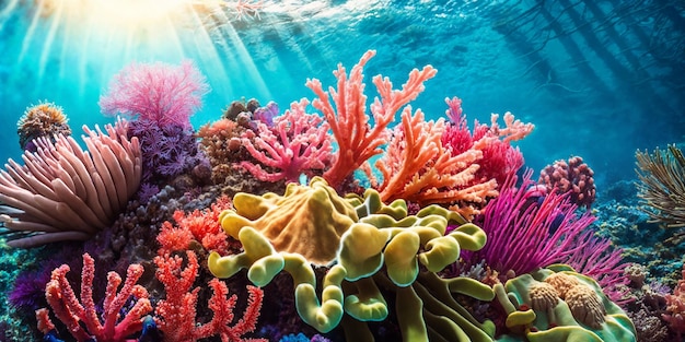 Illustratie van de onderwaterwereld met kleurrijke tropische koralen en zonlicht dat door het zeewater stroomt Schoonheid van het koraalrif Generatieve AI