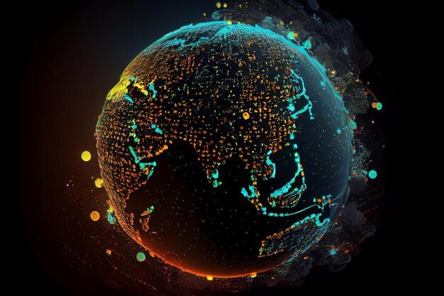 Illustratie van de planeet Aarde op neon fel licht gloed AI