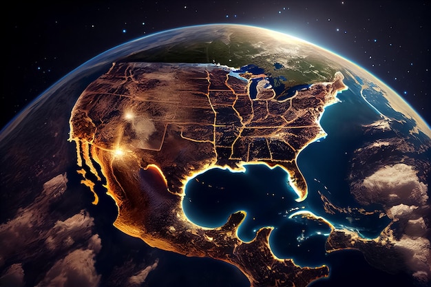 Illustratie van de planeet aarde vanuit de ruimte 's nachts NASA AI