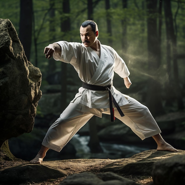 illustratie van de taekwondomeester oefent in de diepe berg