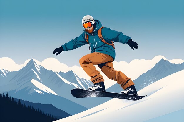 Illustratie van de wintersport snowboarden op een achtergrond van besneeuwde bergen AI-platform
