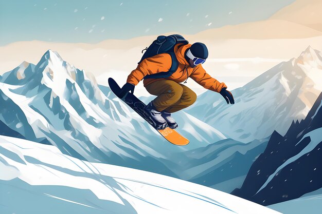 Illustratie van de wintersport snowboarden op een achtergrond van besneeuwde bergenAI-platform