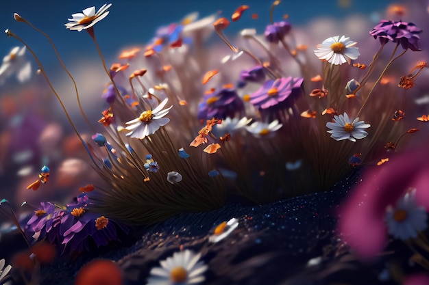 Illustratie van de zomer of de lenteweide met kleurrijke bloemen AI
