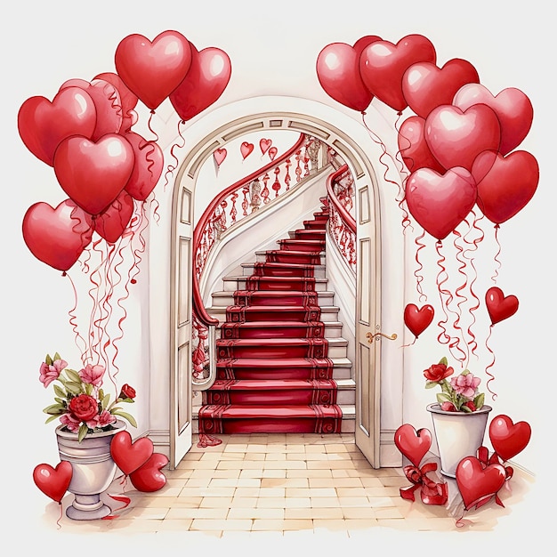 Illustratie van decor met ballonnen in de vorm van harten