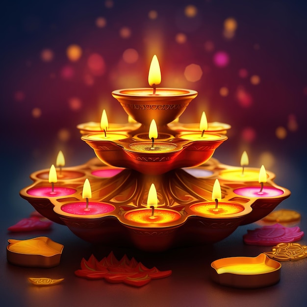 Illustratie van Diwali festival Diya Lamp met rangoli onderaan Ai Generated