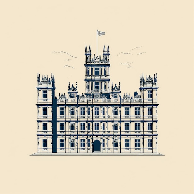 Illustratie van Downton Abbey in architecturale stijl op beige achtergrond