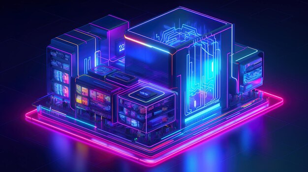 Illustratie van een 3D isometrische futuristische blauwe neon microchip-gegevensuitwisseling gegenereerd door AI