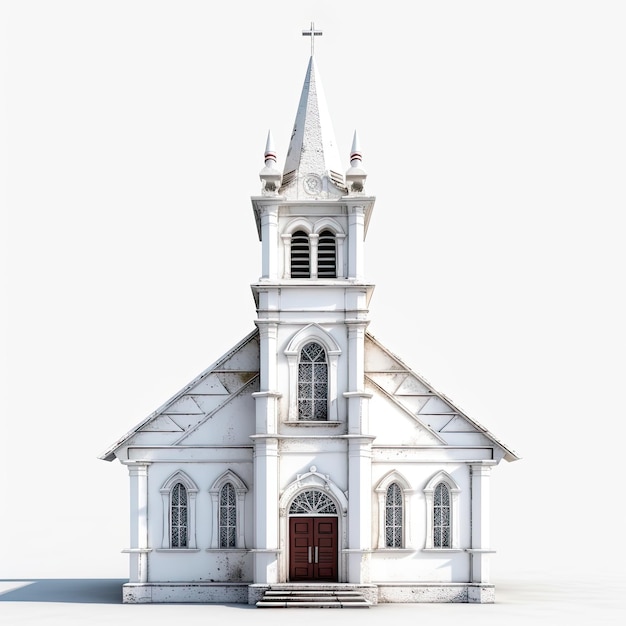 Illustratie van een 3D-model van een oude witte kerk met handbeschilderde details op een witte achtergrond Generatieve AI