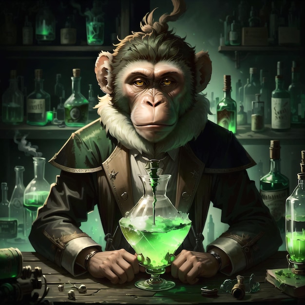 illustratie van een aap met alchemieflessen groene vloeistof