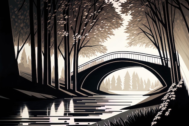 Illustratie van een achtergrondaanzicht met een rivierbrug en bomen