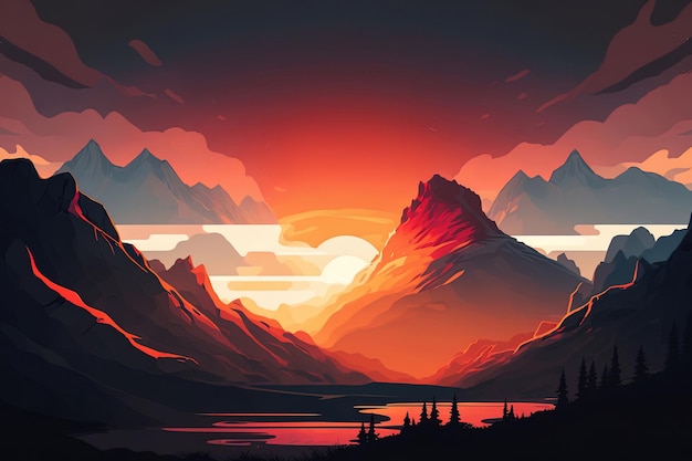 Illustratie van een adembenemende zonsondergang over een bergketen