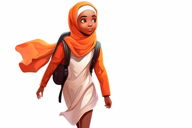 Illustratie van een Afrikaans moslimmeisje dat naar school gaat tegen een witte achtergrond