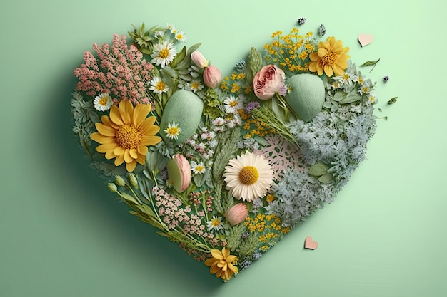 Illustratie van een anatomisch hart met gestileerde bloemen eromheen op een groene achtergrond generatieve ai