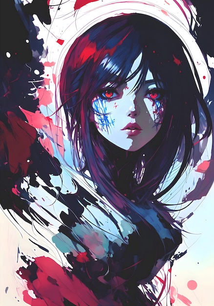 Illustratie van een anime-meisje met een kleurrijke zwarte inktstroom gemaakt met behulp van AI