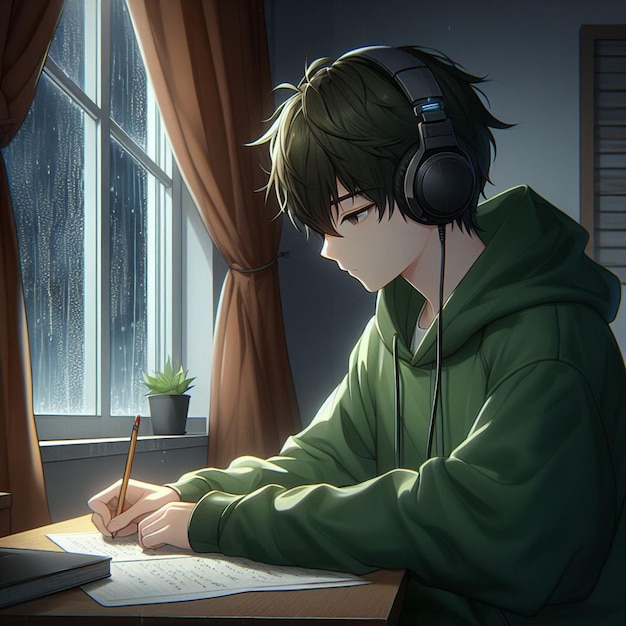 illustratie van een animestyle personage van een jongen die studeert en naar muziek luistert bij zijn slaapkamer