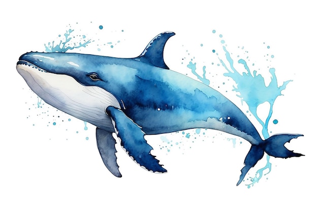 Illustratie van een aquarelwalvis op een witte achtergrond