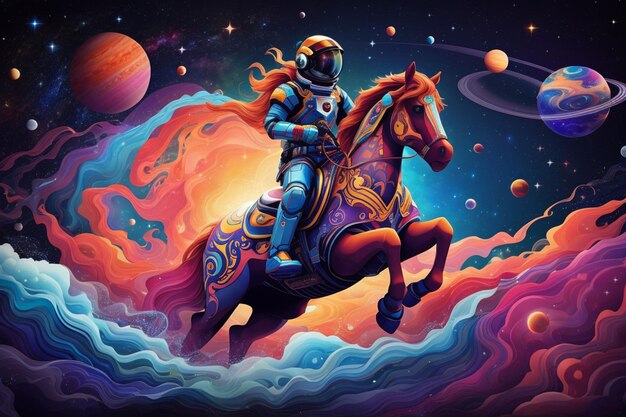 Foto illustratie van een astronaut die op een paard rijdt gemaakt met ai